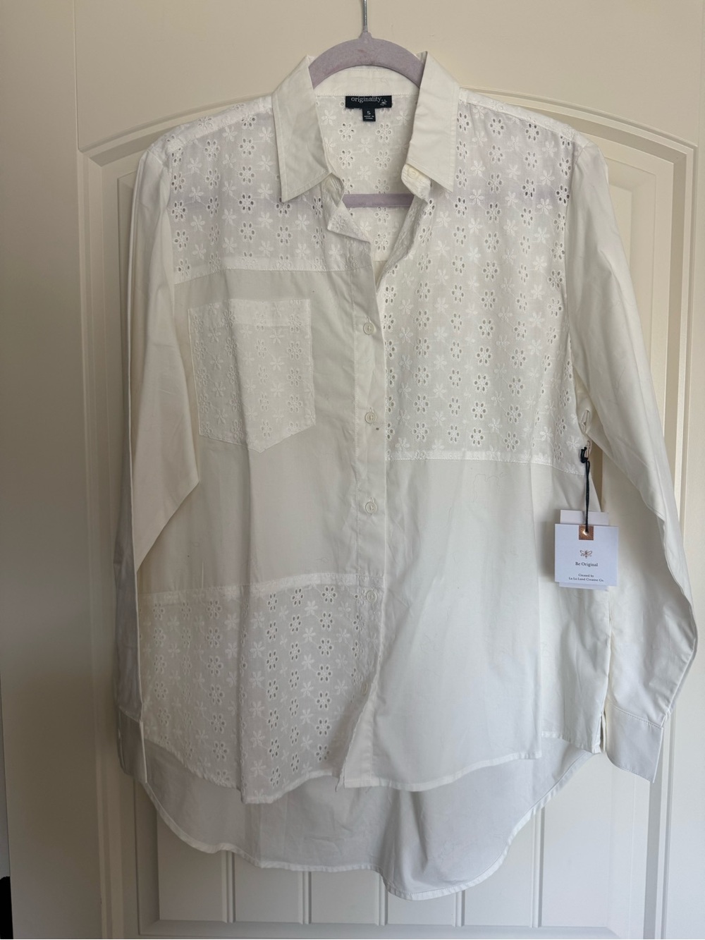 Lightweight White Eyelet Patchwork Button-Up Shirt - Women's